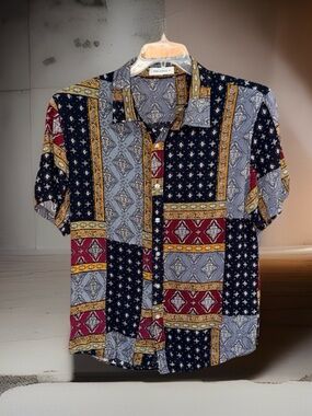 Two-Sided Men’s Patchwork Short-Sleeve Button-Down Shirt - Black/Red/Gray-M-EC